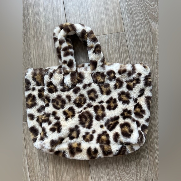 Aerie plush faux fur small open tote bag animal print Cream brown - Picture 2 of 5